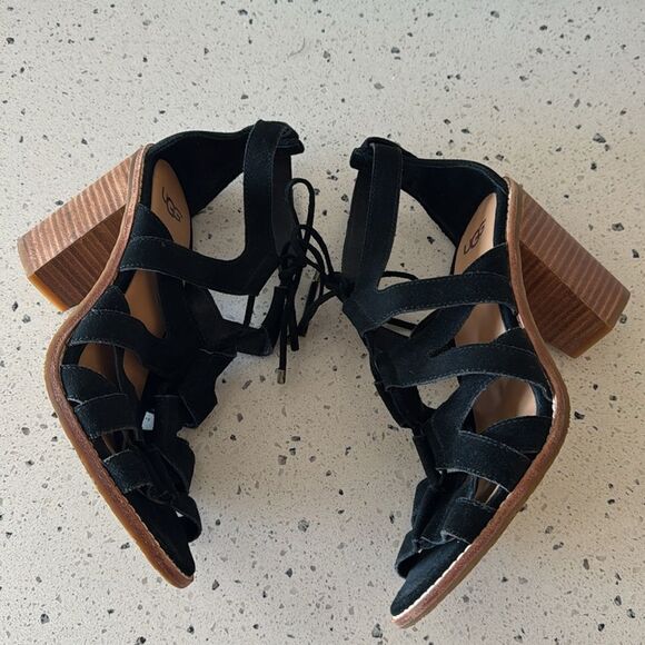 UGG Harris Black Suede Strappy Stacked Block Heeled Sandals Women’s Size 11 EUC - Picture 14 of 16